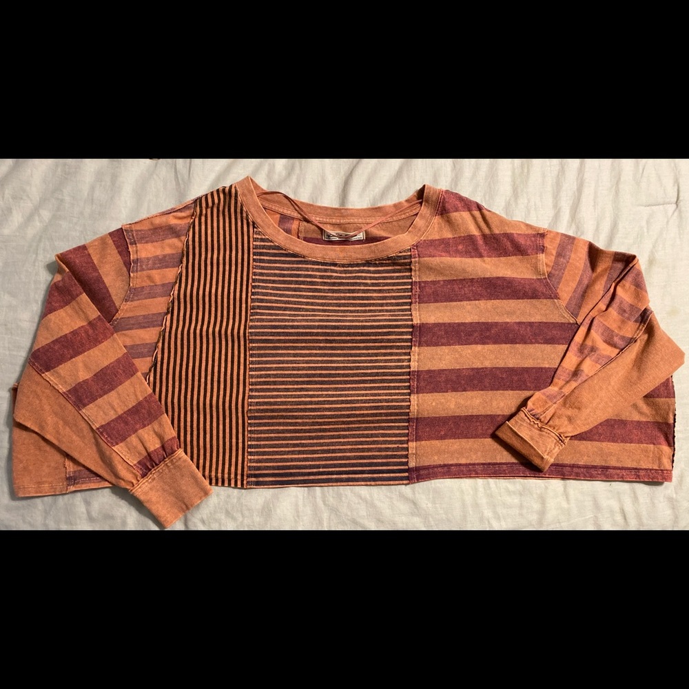 NWOT We the Free oversized cropped long sleeve striped tee top brown orange XS